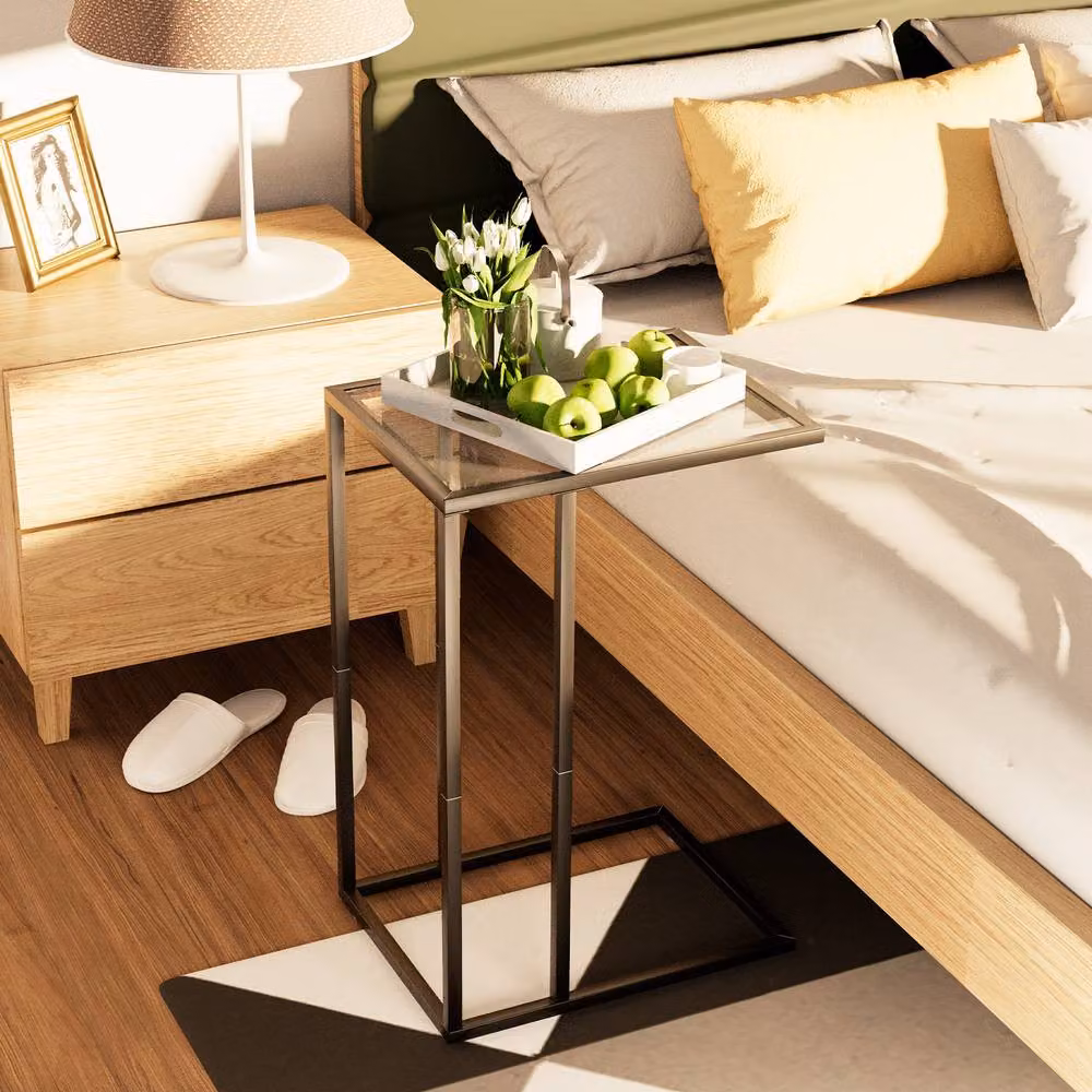Huhote Set of 2 C-Shaped End Tables with Black Glass Top and Metal Frame – 5
