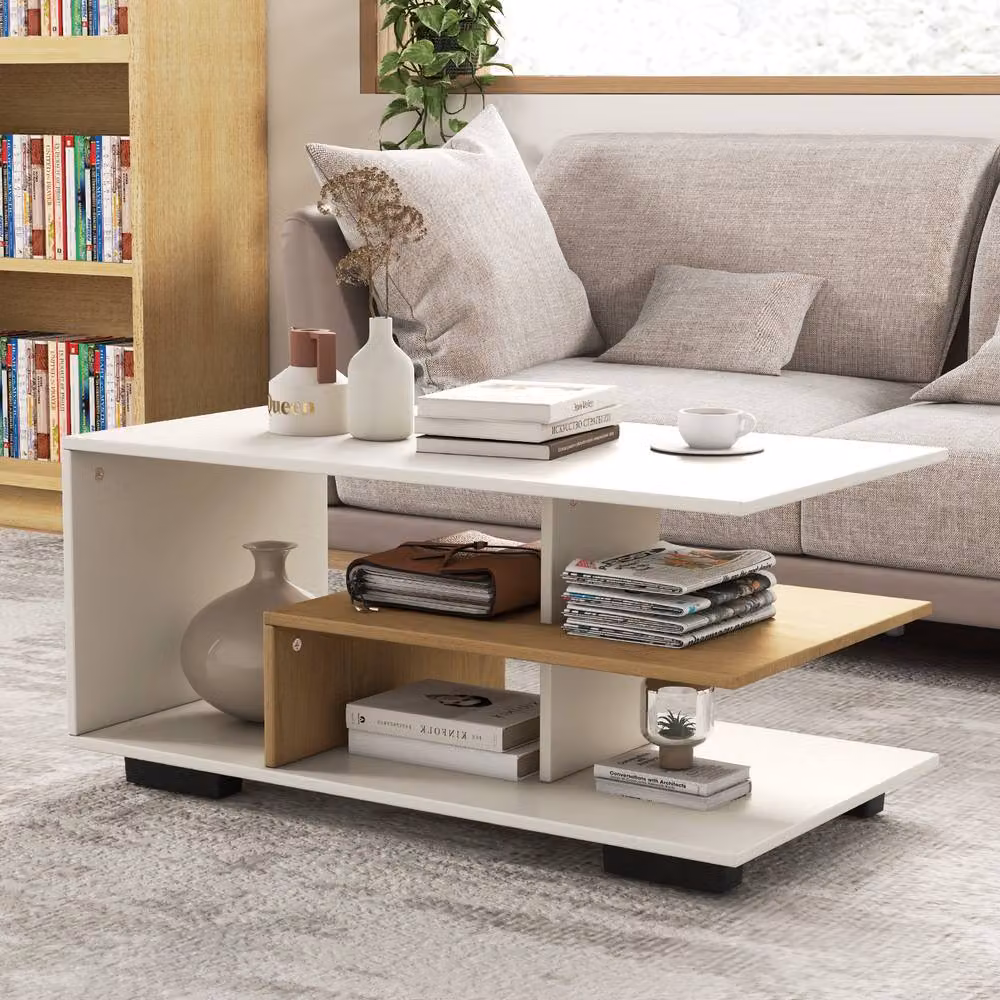 Costway Modern Rectangular Wooden Coffee Table with L-shaped Middle Shelf in White – 3