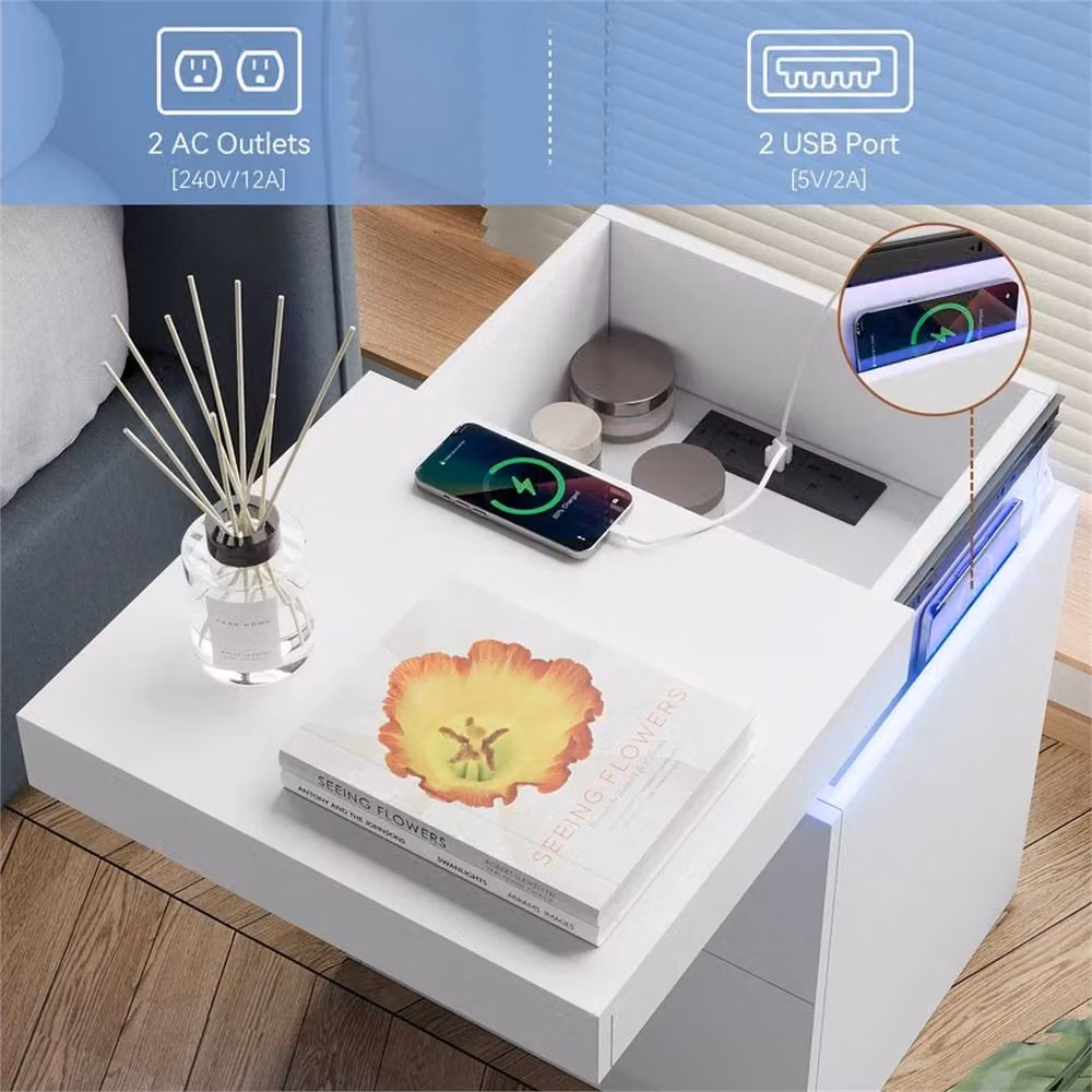 Nordara White 2 Drawer Bedside Table with Integrated LED Lighting and Charging Station – 4