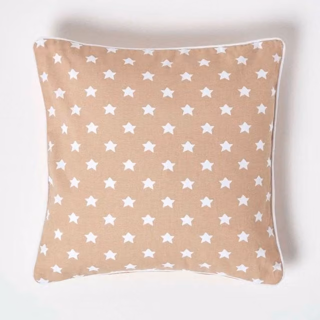 Homescapes Cotton Stars Square Cushion Cover in Beige and Brown, 45 x 45 cm