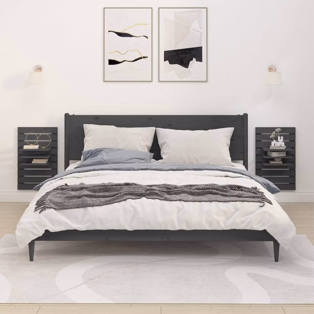Berkfield Home Set of 2 Wall-mounted Grey Solid Pine Bedside Shelves – 2