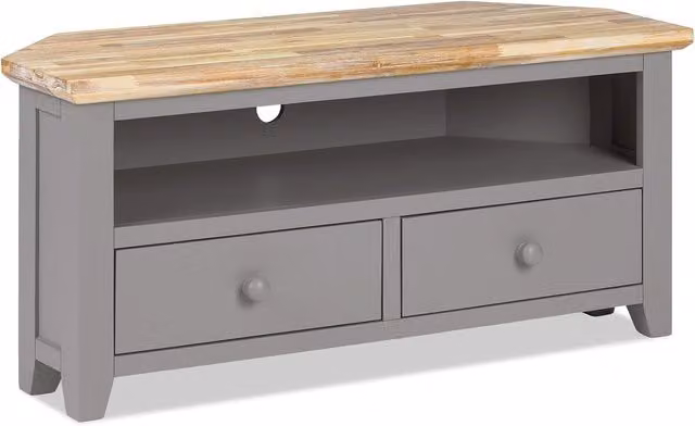 Florence Corner TV Unit with 2 Drawers in Dove Grey Acacia Wood, W/D/H: 108 x 40 x 50 cm