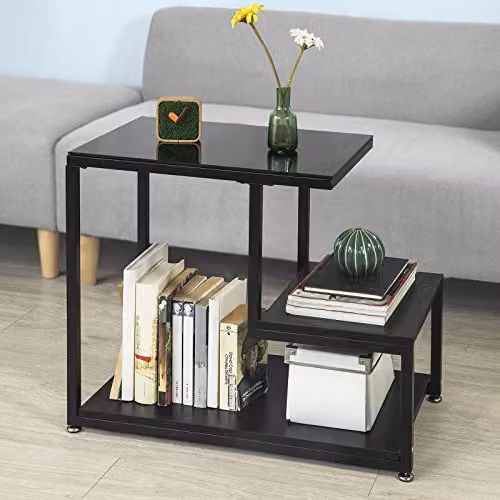 SoBuy Modern Black Glass and Metal Side Table for Living Room, Bedroom or Home Office, W/D/H: 55.0 x 35.0 x 65.0 cm – 2