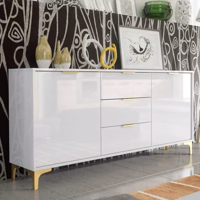 Creative Furniture Goldline Gloss Sideboard, White and Gold, W: 140 cm, H: 80 cm, D: 35 cm