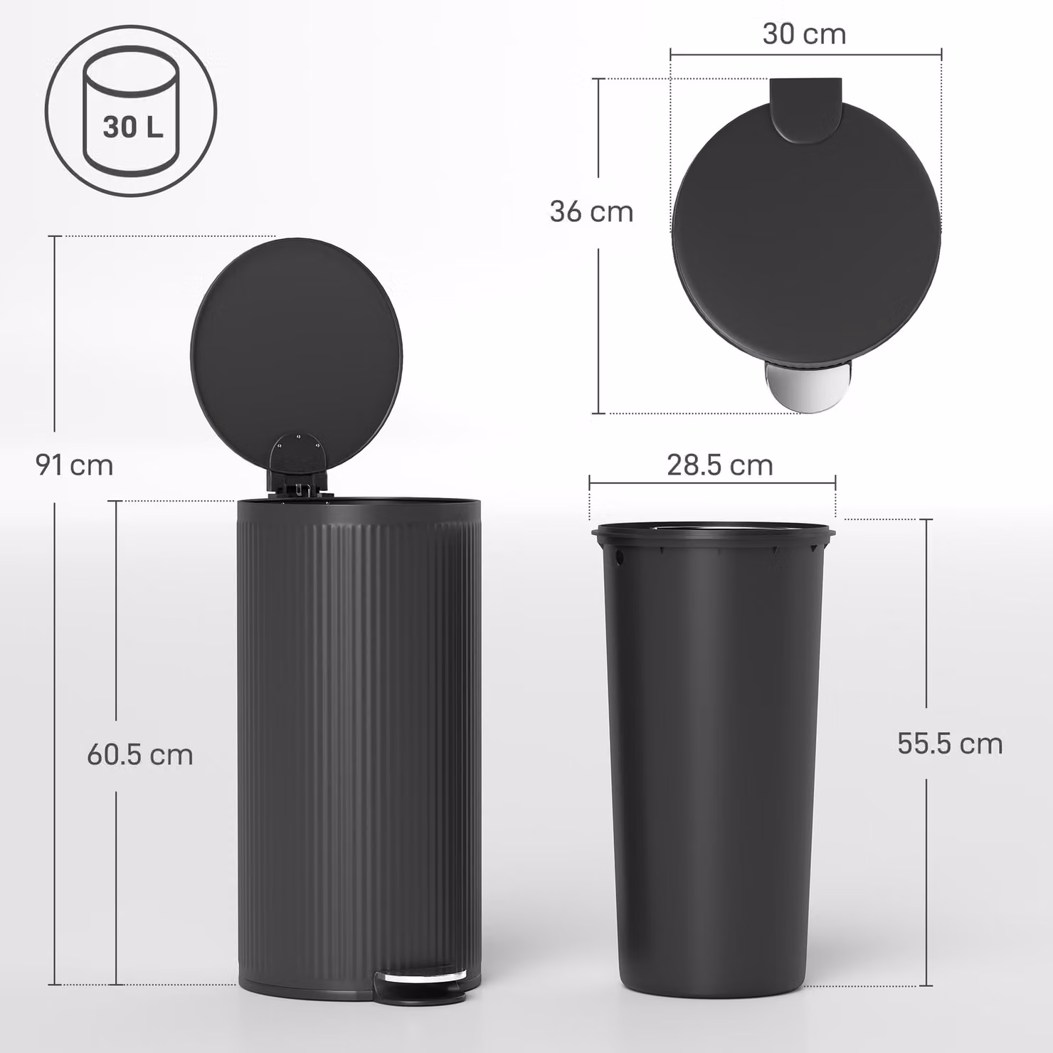 HOMCOM 30L Black Pedal Kitchen Bin with Soft Close Lid and Removable Inner Bucket – 3