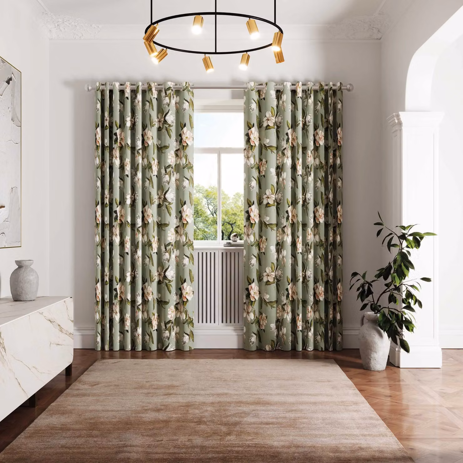 Ted Baker Opal Floral Eyelet Curtains, Green and Silver, W: 137.16 cm, H: 228.6 cm – 2