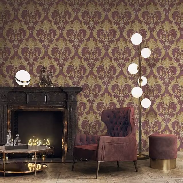 Debona Red and Gold Abstract Floral Glamour Vinyl Wallpaper