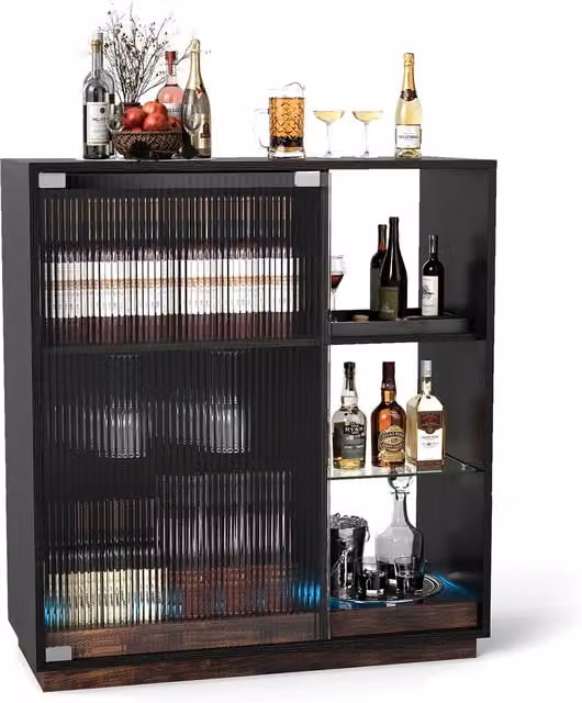 COSTWAY Modern Black Coffee Station with Glass Racks