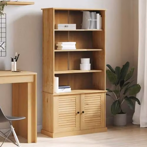 vidaXL VIGO Scandinavian Style Waxed Pine and Metal Bookcase with Roll Shutter and Internal Shelves, Brown, W/D/H: 85 x 35 x 170 cm – 2