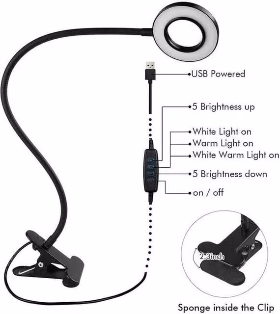 EONLION 48 LED USB Clip On Flexible Desk Light in Black