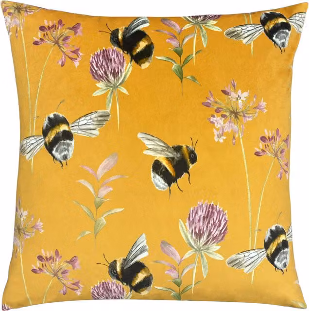 Country Bee Garden Floral Velvet Cushion in Honey and Yellow with Feather Filling