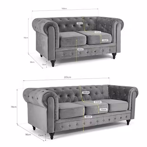 Bravich Grey Velvet Chesterfield 2 and 3 Seater Sofa Suite with Solid Wood Frame and Foam Cushions – 4