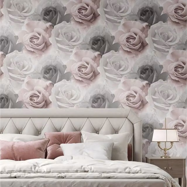 Muriva Botanical Floral Rose Bloom Wall Mural Feature Wallpaper in Pink, Grey and White