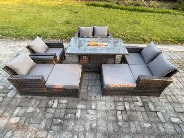 Fimous 8 Seater Grey Rattan Garden Furniture Set with Gas Fire Pit Dining Table, Double Sofa, Armchairs and 2 Footstools