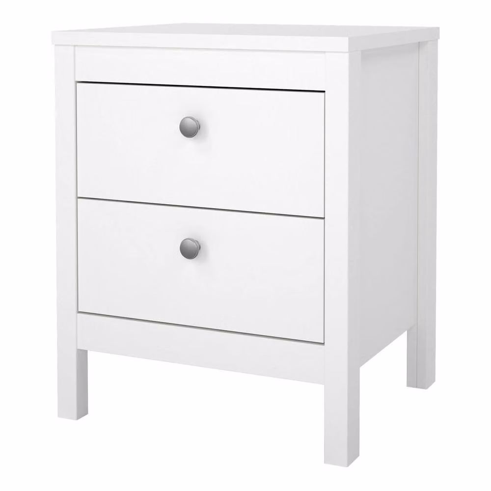 Wyld Haus Gossmere White Wooden Bedside Table with 2 Drawers and Silver Handles, H: 54.1 cm, W: 38.4 cm, D: 43.6 cm – 2