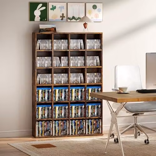 HOMCOM Rustic Brown Media Storage Unit with Adjustable Shelves and Back Panel – 8
