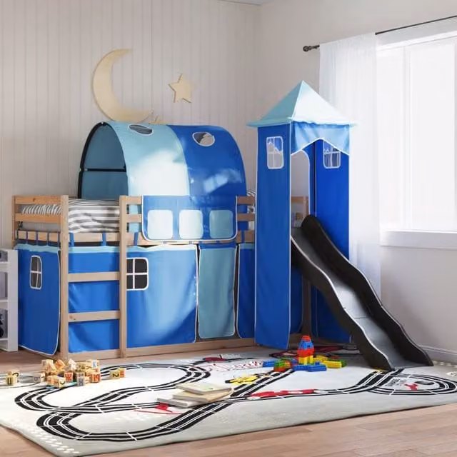 Berkfield Home Blue Solid Wood Childrens Bunk Bed with Slide and Curtains W: 80 cm, L: 200 cm