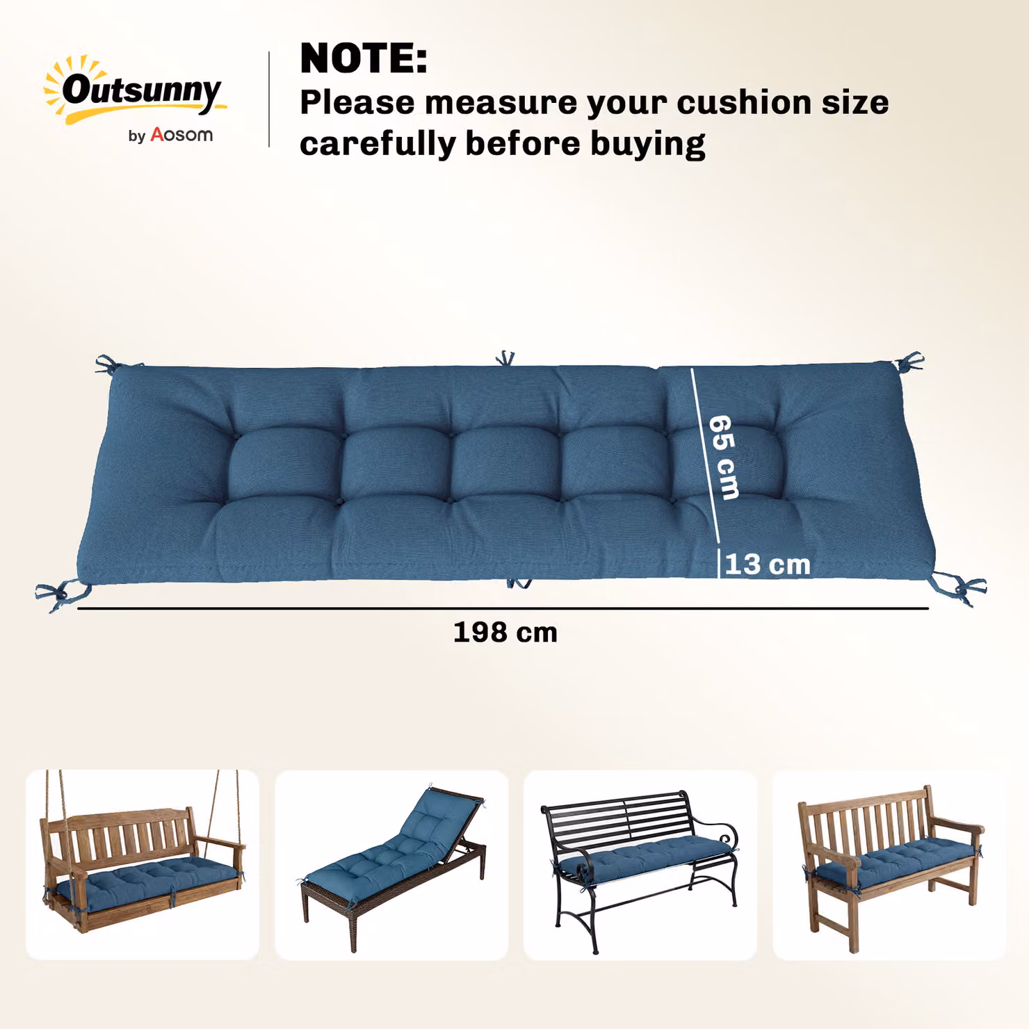 Outsunny Blue Memory Foam Sun Lounger Cushion with Ties – 3