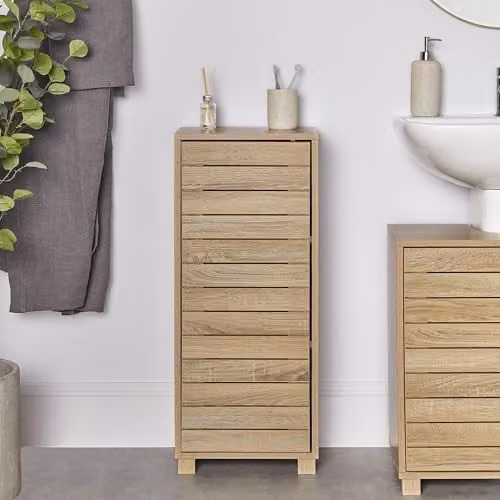 VonHaus Chester Freestanding Bathroom Storage Cabinet in Brown and Beige with Hinged Doors and Internal Shelves – 1