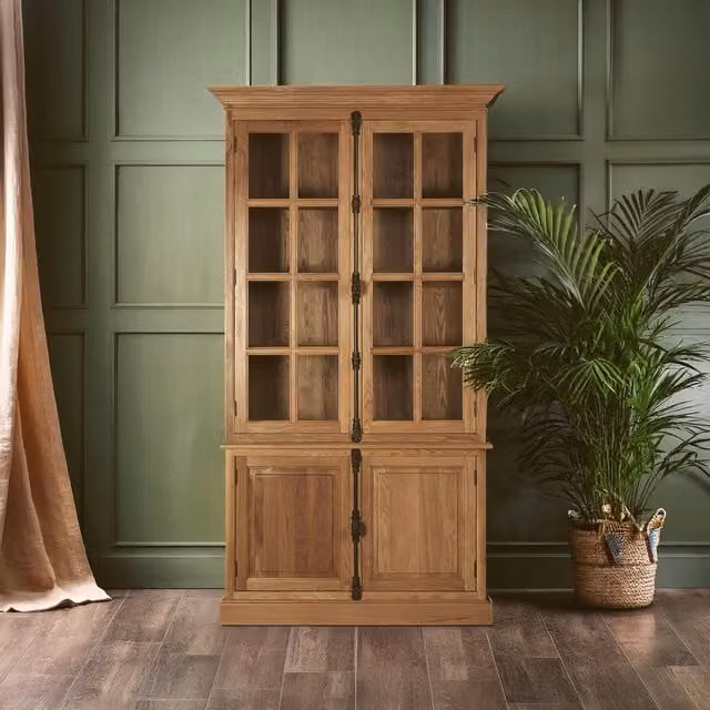 Fifty Five South Lyon Classic Oak Wood Tall Cabinet with Glass Doors in Brown