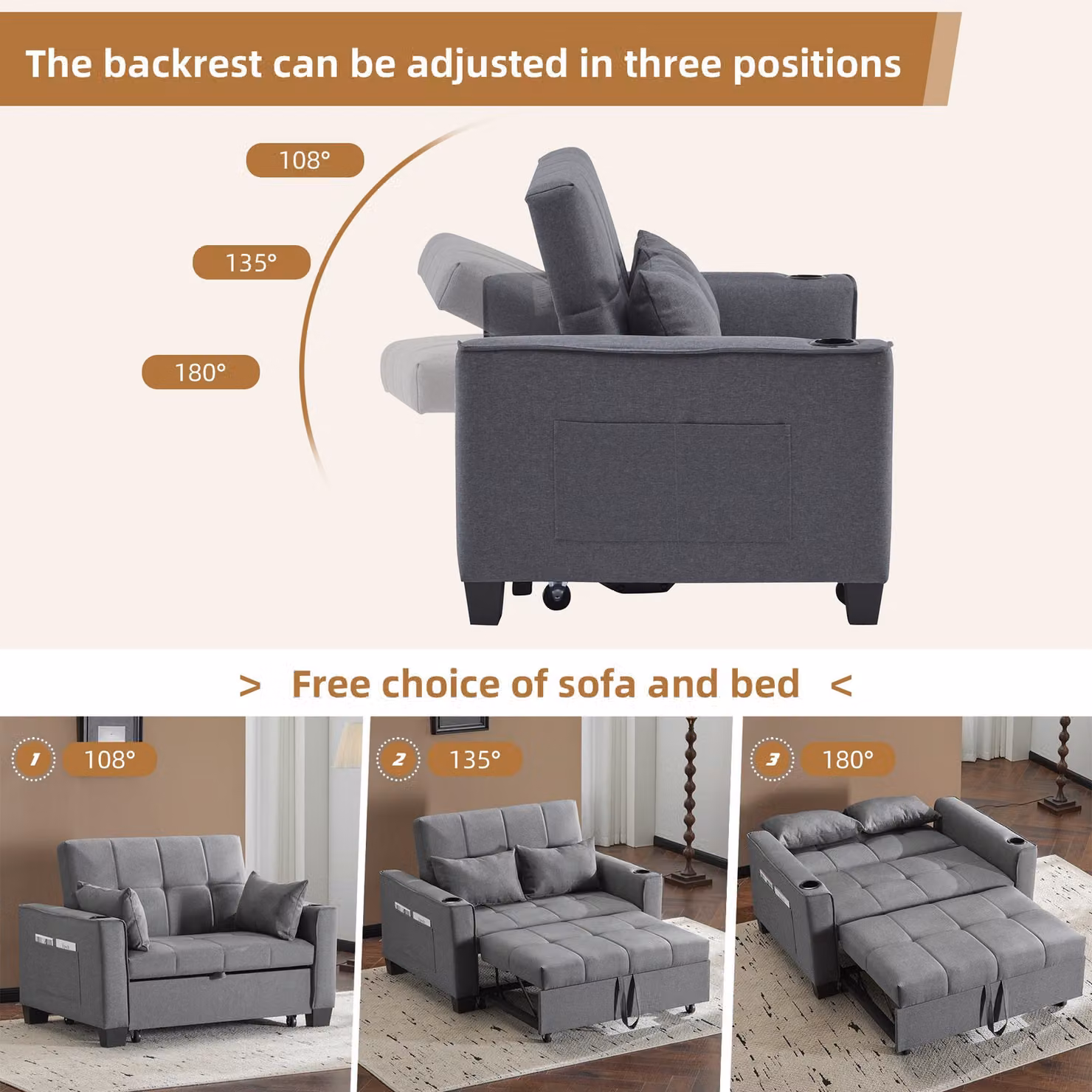 Aosom UK 2 Seater Convertible Fabric Sofa Bed in Grey with Storage Side Pockets, Cup Holders and Adjustable Backrest, W/D/H: 96 x 140 x 97 cm – 5