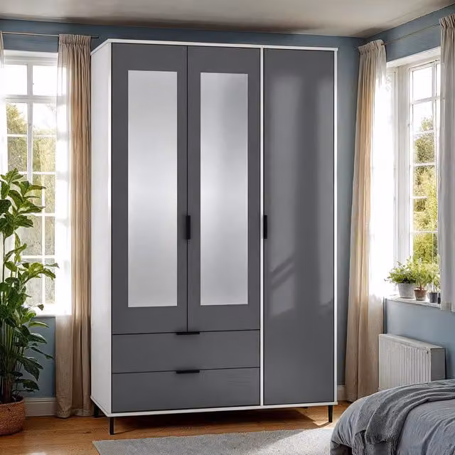 Seconique Modern Glossy 3 Door 2 Drawer Wardrobe in Grey, White and Black