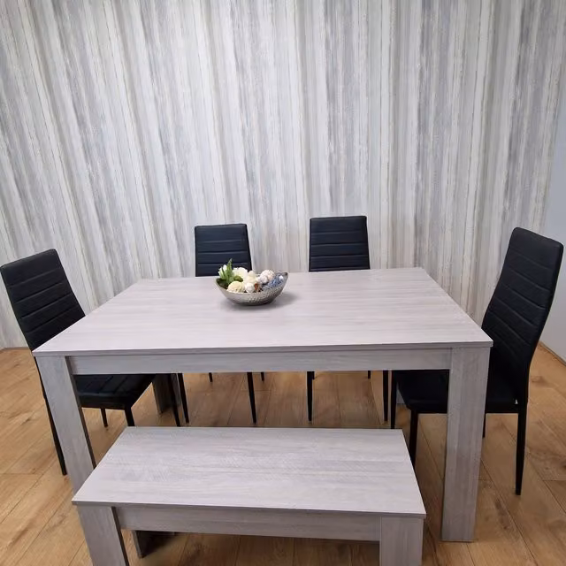 Kosy Koala Modern Rectangular Dining Set in Grey and Black with Table, Four Chairs and Bench