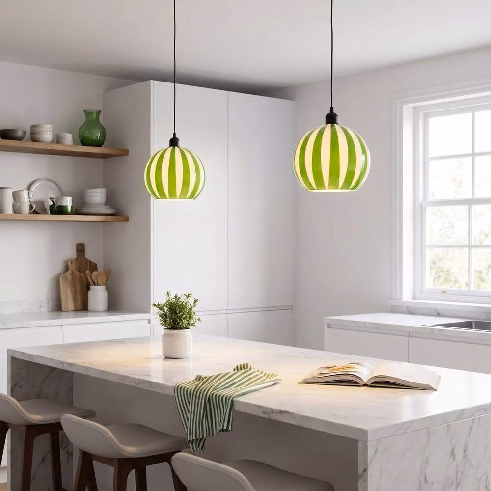 Happy Homewares Green and White Striped High Gloss Glass Globe Pendant Light Shade – 3