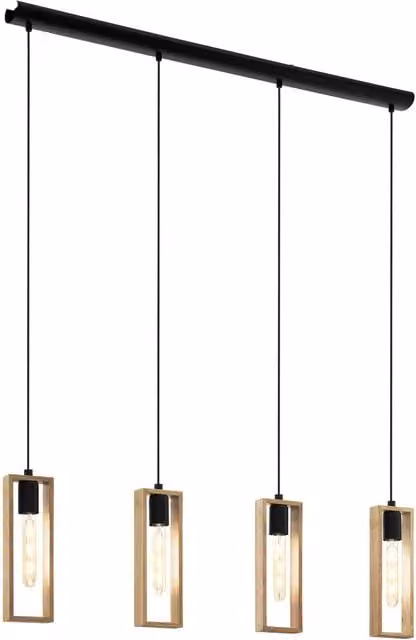 Loops Industrial Hanging Ceiling Pendant Light in Black and Wood with 4 x E27 Sockets, W/D/H: 110 x 55 x 40 cm
