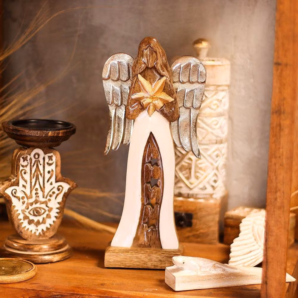 Serenityy Buddha-Buddha Handcrafted Mango Wood Star Angel Figurine with Metal Wings in Brown, Silver, Gold and White, H x W x D: 30 x 14 x 5 cm – 3