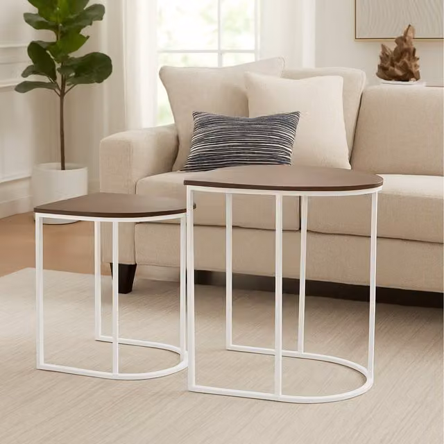 Gr8 Home Nest of 2 Round Coffee and Side Tables in White and Brown Woodgrain Finish
