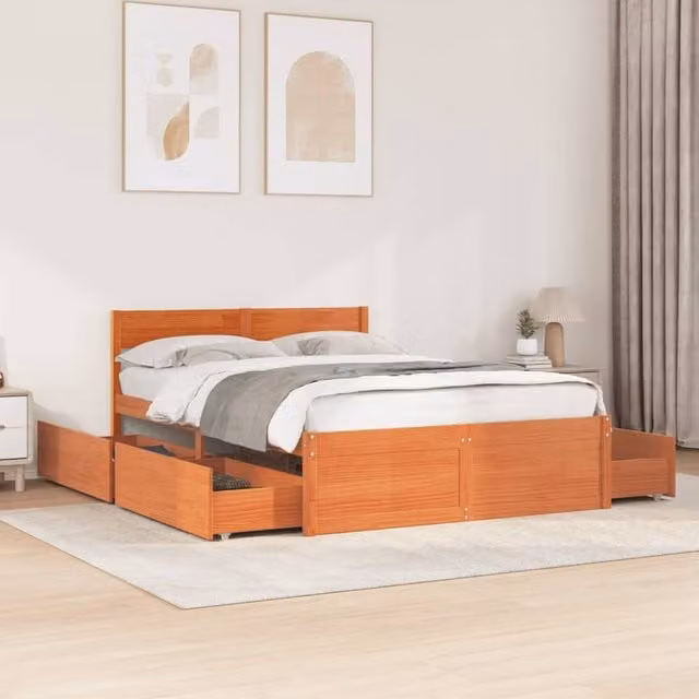 Berkfield Home Small Double Solid Wood Pine Bed Frame in Wax Brown, W/D/H: 120 x 200 cm