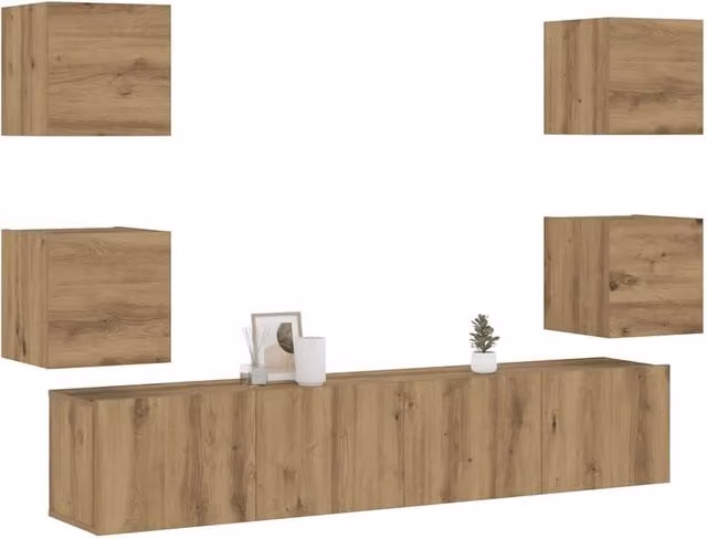 Berkfield Home Artisan Oak Wall Mounted TV Cabinets, 6 Piece Set in Brown Matt Engineered Wood – 1