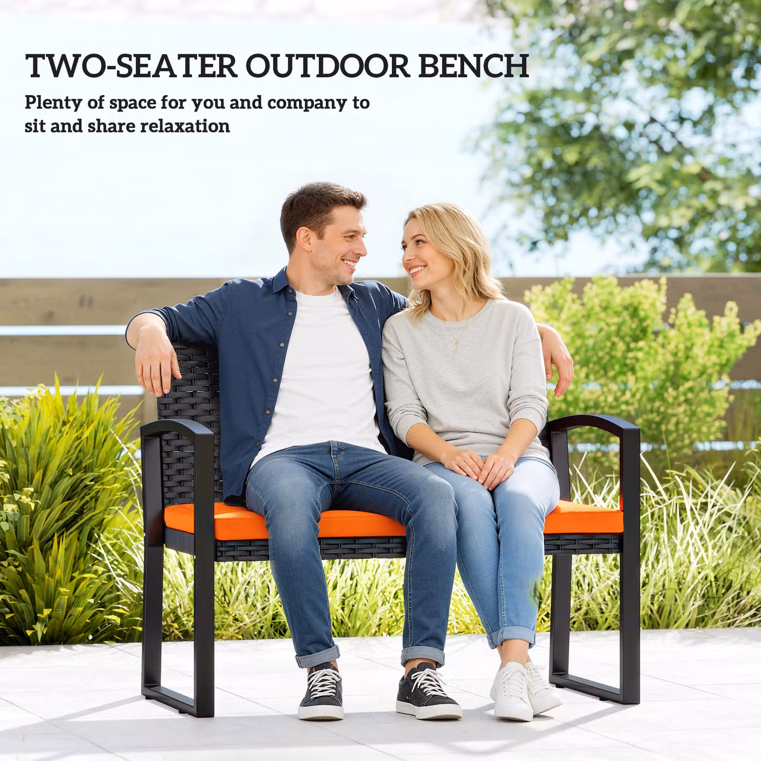 Outsunny Two-Seater Rattan Garden Bench with Armrests in Orange – 4