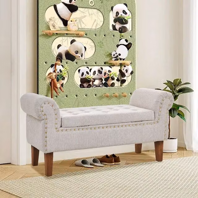 Living and Home Beige Linen Upholstered Storage Bench