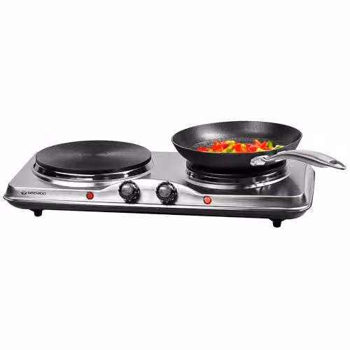 Daewoo Double Electric Hot Plate Hob, 2500W Portable Tabletop Cooker in Silver or Black – 1