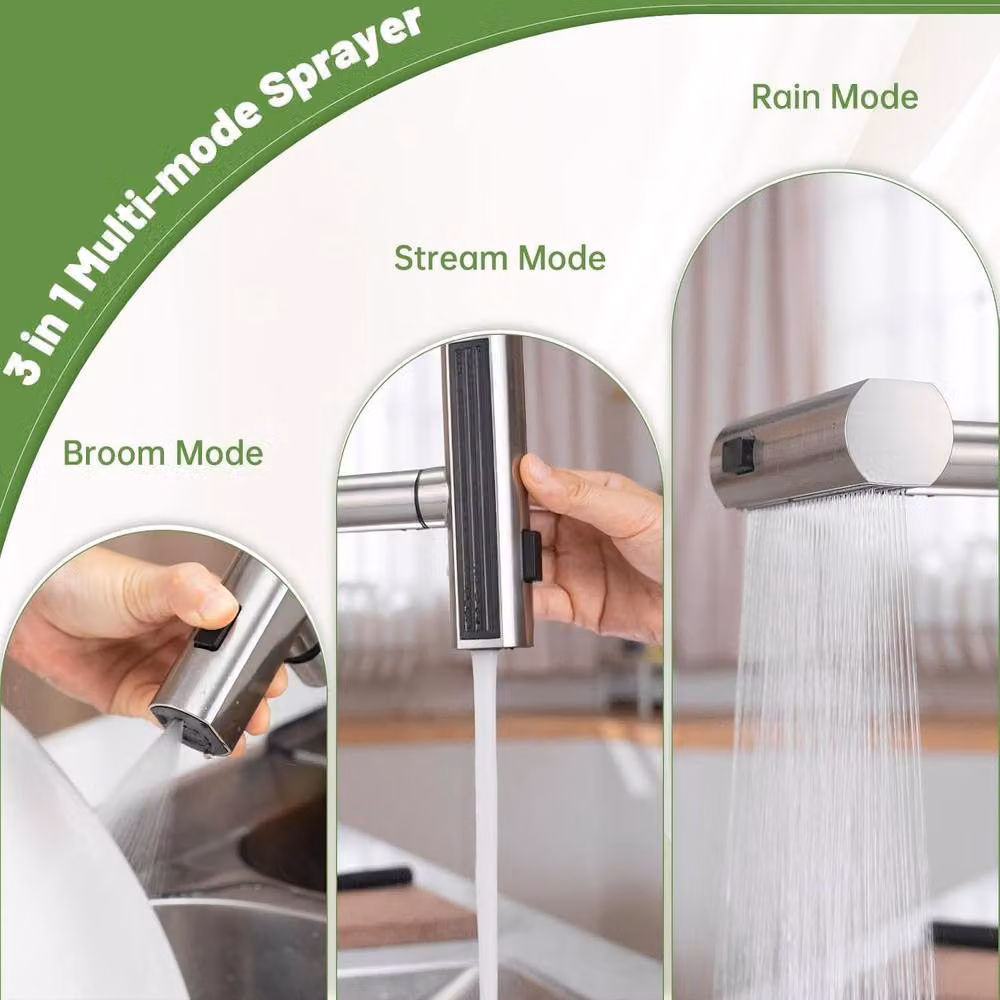 Dayone Brushed Stainless Steel Kitchen Mixer Tap with Pull Out Spray in Silver – 6