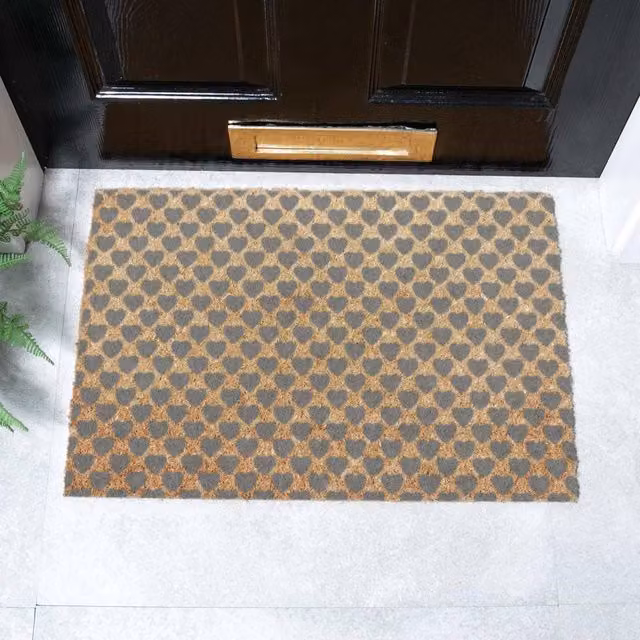 Artsy Mats Grey Multicolour Graphic Heart Pattern Coir Doormat, W: 60 cm, D: 40 cm