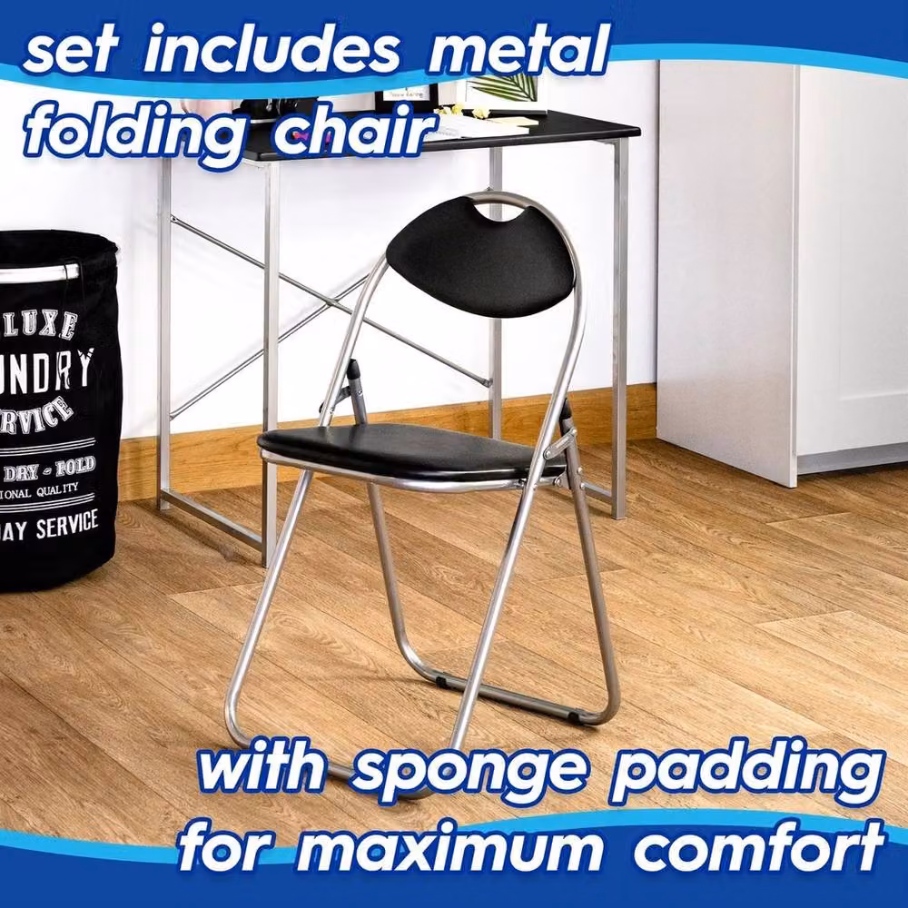 NESTLUNE Modern Black Wooden Folding Desk and Chair Set – 3