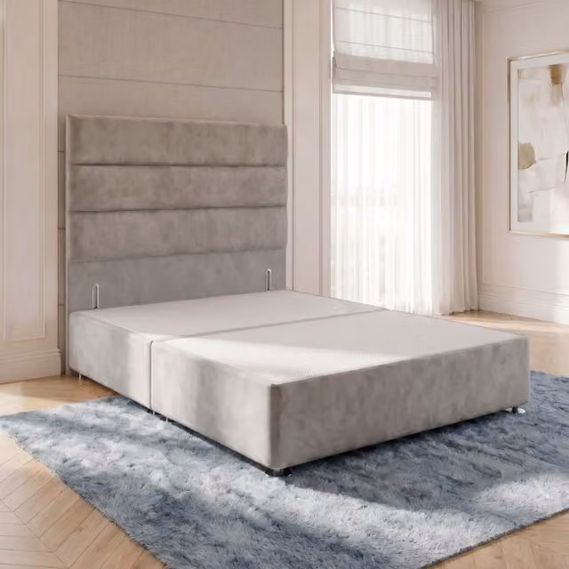 Horizona Silver Velvet Upholstered Single Divan Bed Base with Drawers and 54 inch Floor Standing Headboard, W/D/H: 90 x 190 x 34.5 cm