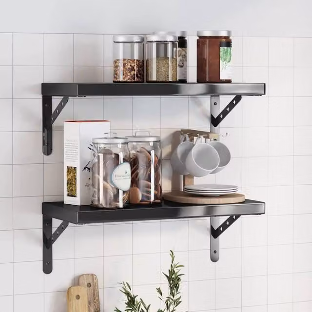 Berkfield Home Black Stainless Steel Wall Mounted Shelves, 2 Pack, W: 50 cm, D: 23.5 cm – 1