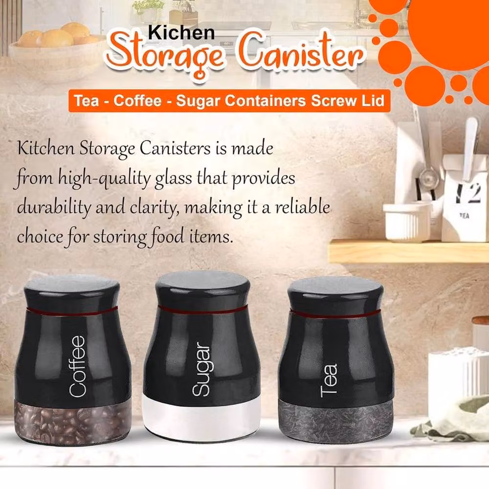 Flavora Black Set of 3 Glass Kitchen Storage Canisters for Tea, Coffee and Sugar – 4
