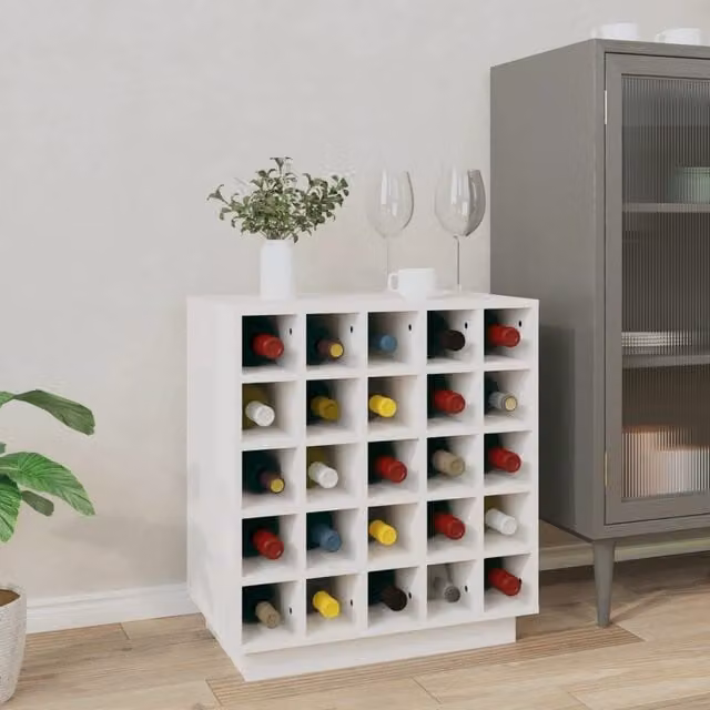 Berkfield Home Rustic White Pine Wine Cabinet with Glass Doors and Bottle Rack W/D/H: 55.5 x 34 x 61 cm