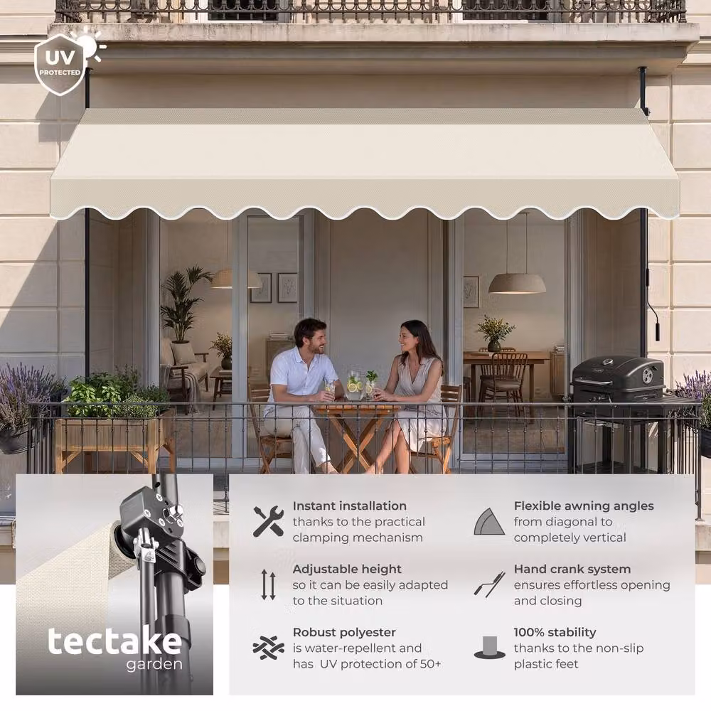 tectake Height Adjustable Awning with Hand Crank in Beige, W: 400 cm, D: 180 cm – 2