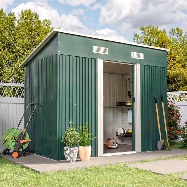 Livingandhome Metal Garden Storage Shed with Double Doors and Gable Roof, Green, Height: 238 cm