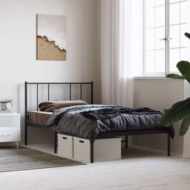 Berkfield Home Metal Bed Frame with Headboard in Black, W/D/H: 100 x 200 cm
