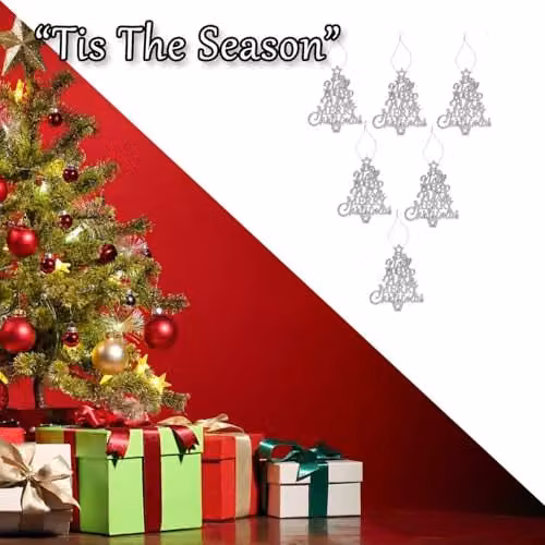VFM e-Store Set of 6 Silver Hanging Glitter Tree Christmas Ornaments, W/D/H: 19.6 x 10.9 x 1.5 cm – 6