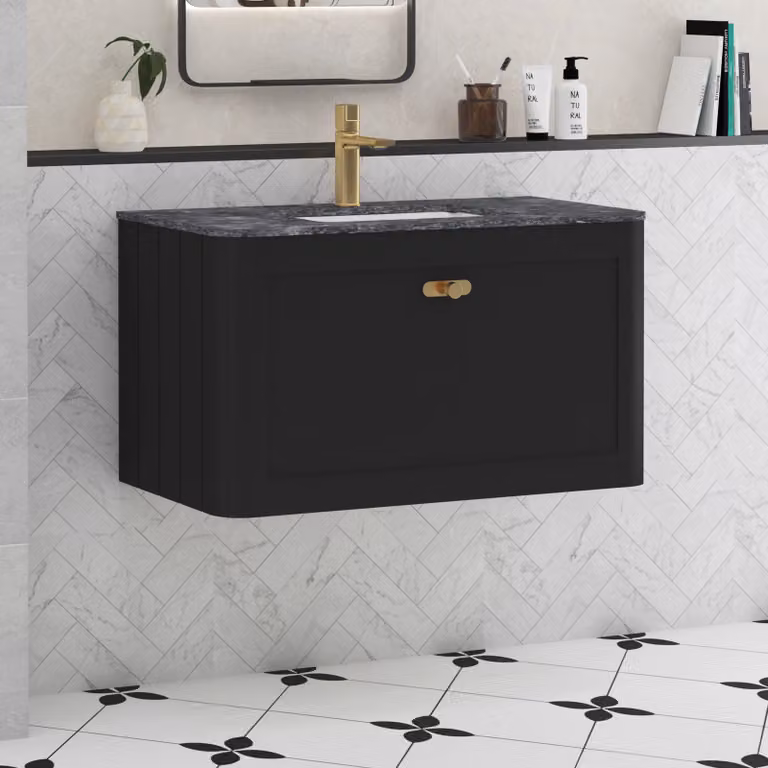 Royal Bathrooms Henley 800mm Wall Hung Vanity Unit in Matt Nocturne Black with Black Star Top and Brushed Brass Knob