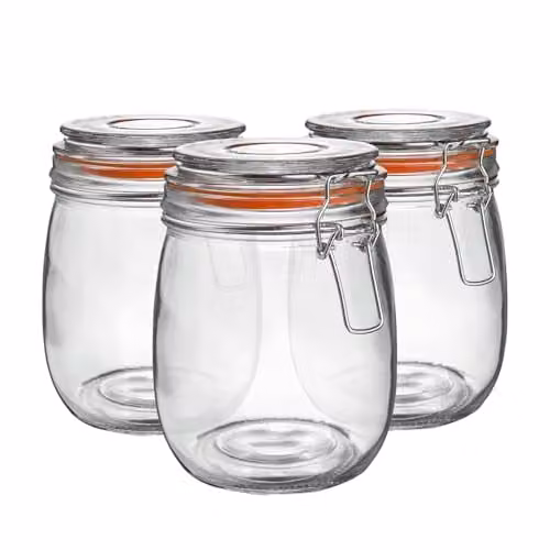Argon Tableware Glass Storage Jars with Airtight Clip Lid, Set of 3, 0.75 l, Transparent and Orange