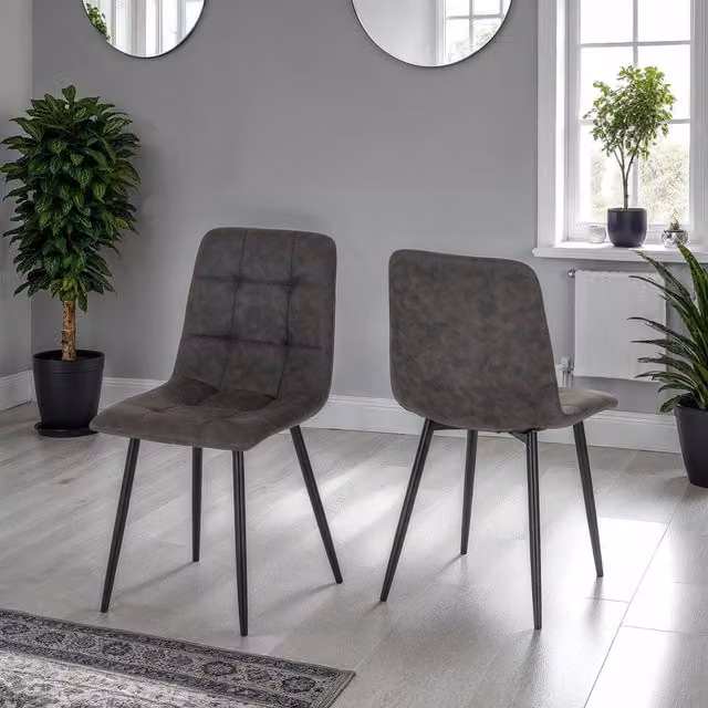 Seconique Set of 2 Grey Microfibre Dining Chairs with Metal Frame